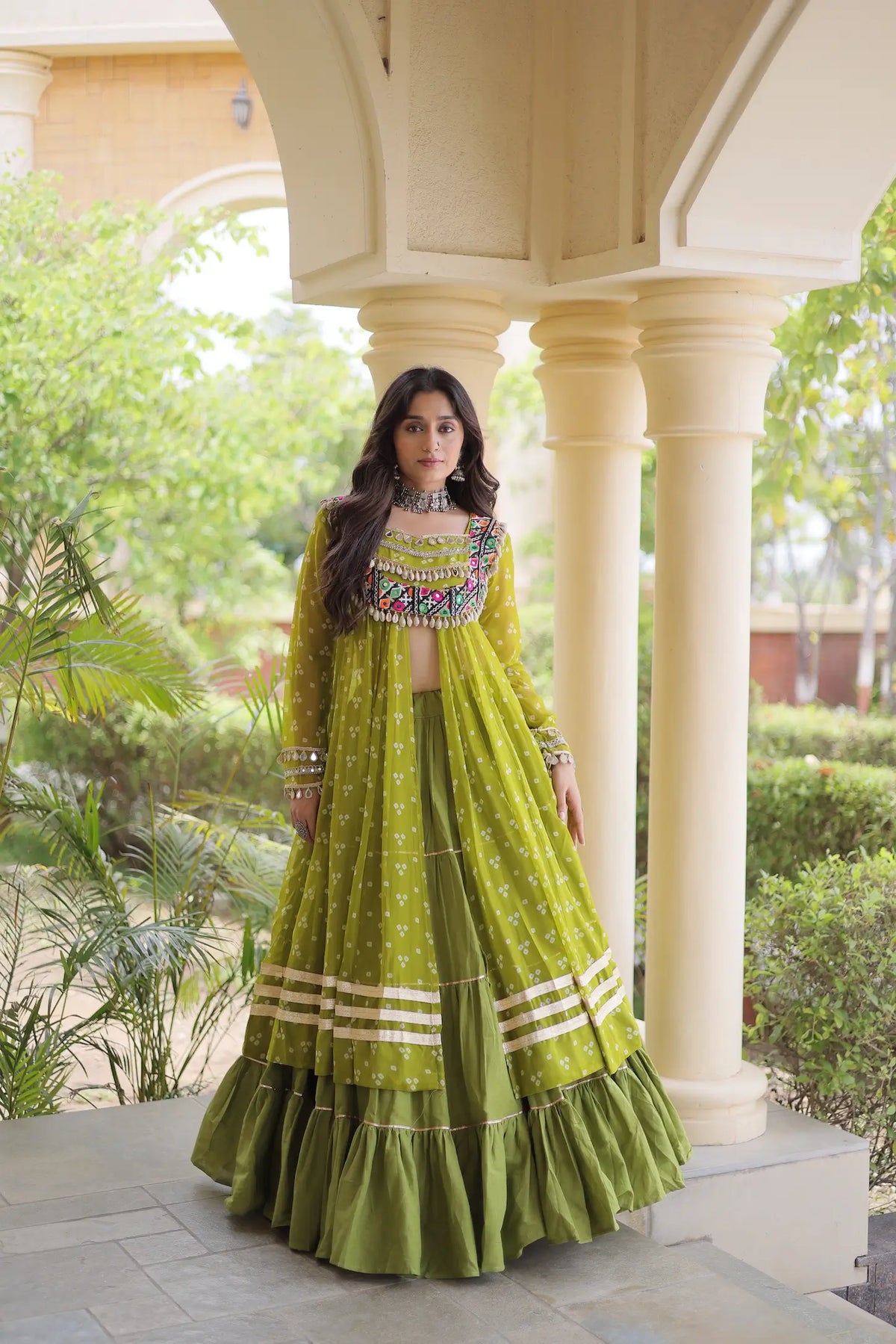 Parrot Green Garba Chaniya Choli With Print & Gamthi Work
