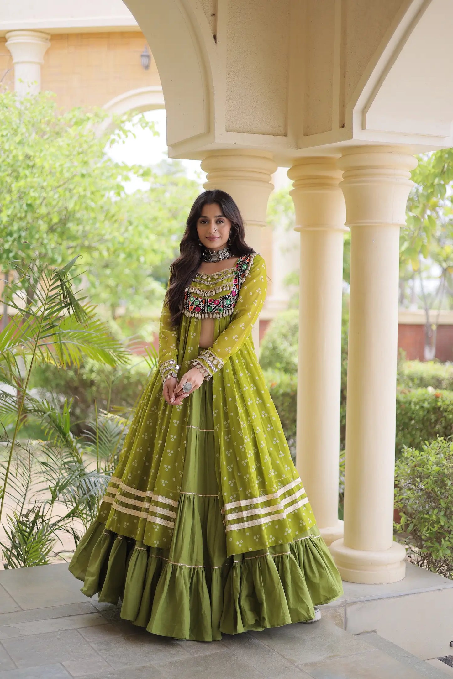 Parrot Green Garba Chaniya Choli With Print & Gamthi Work