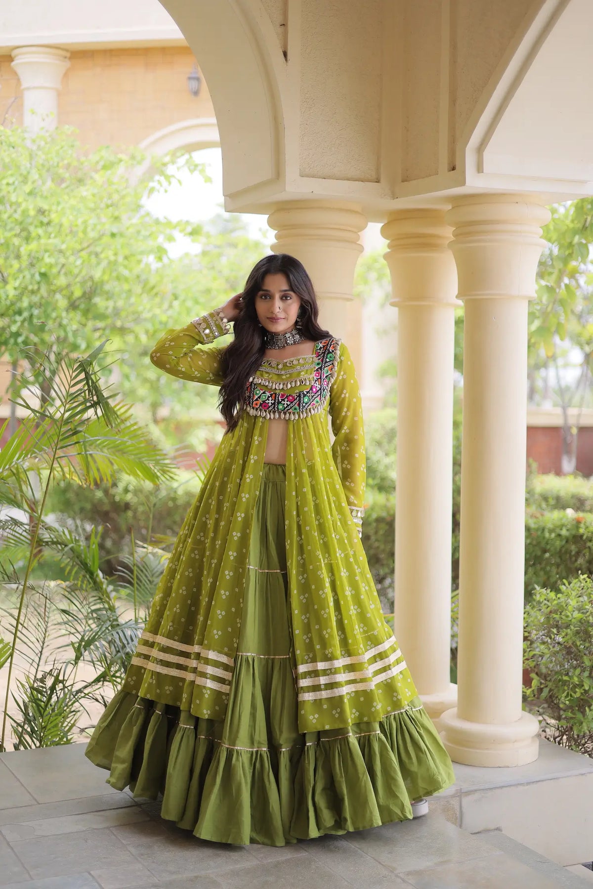 Parrot Green Garba Chaniya Choli With Print & Gamthi Work