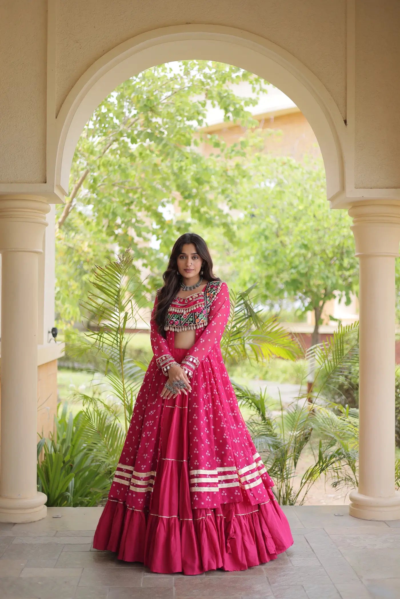 Pink Garba Chaniya Choli With Print & Gamthi Work