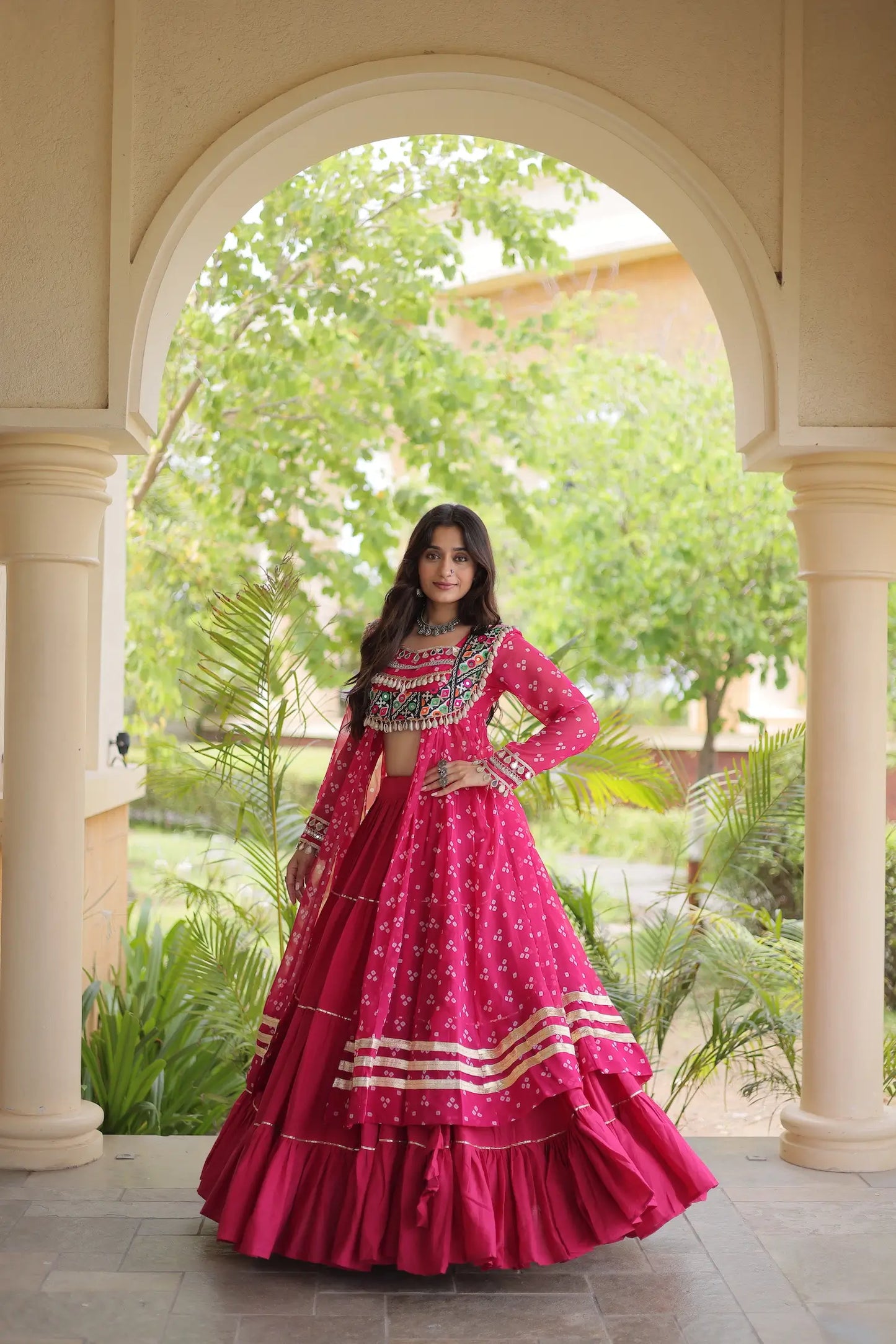 Pink Garba Chaniya Choli With Print & Gamthi Work