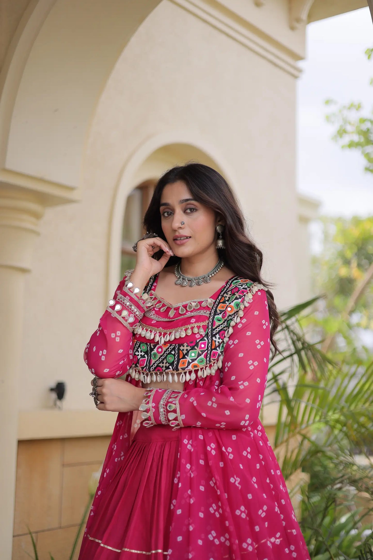 Pink Garba Chaniya Choli With Print & Gamthi Work