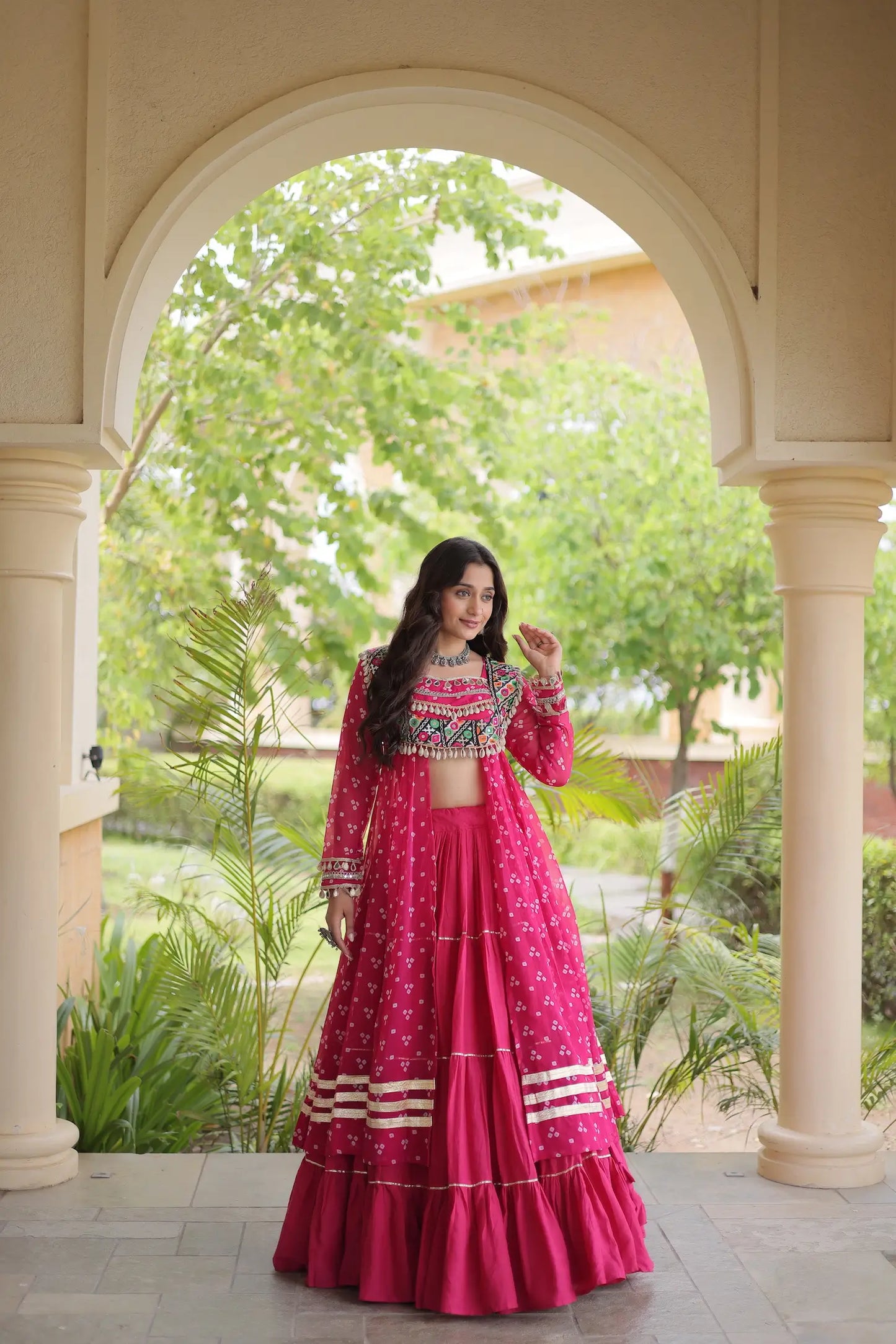 Pink Garba Chaniya Choli With Print & Gamthi Work