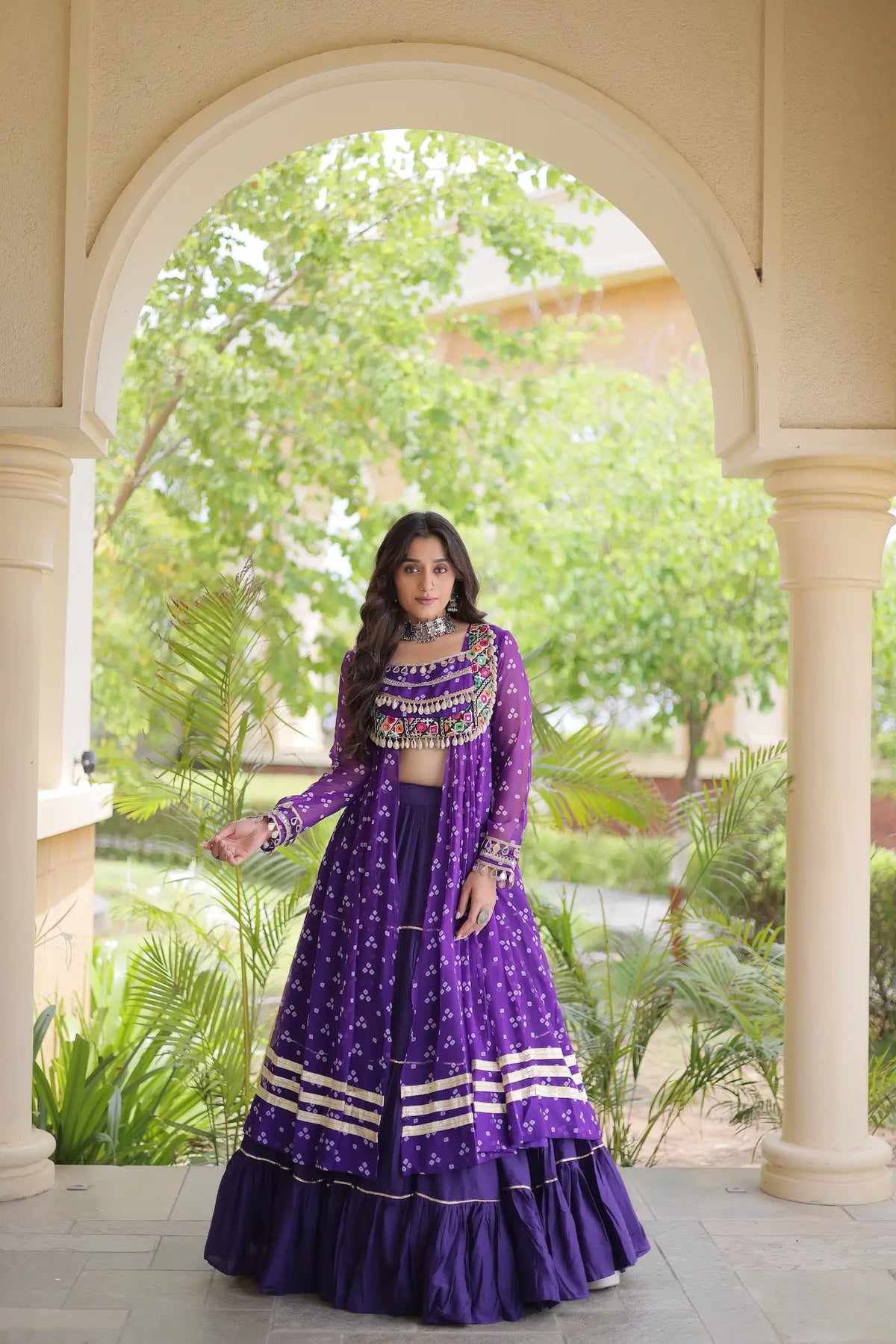 Purple Garba Chaniya Choli With Print & Gamthi Work