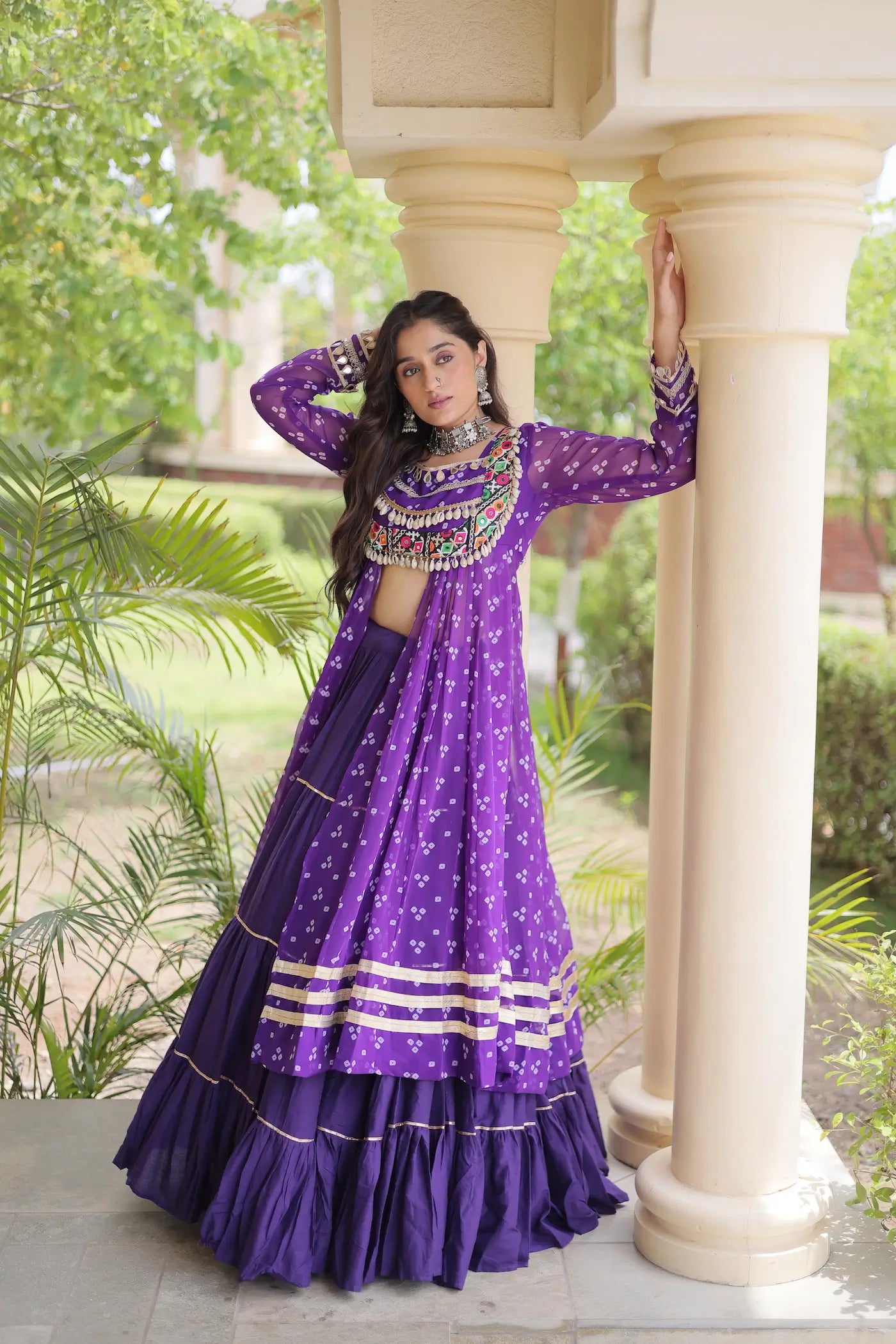 Purple Garba Chaniya Choli With Print & Gamthi Work