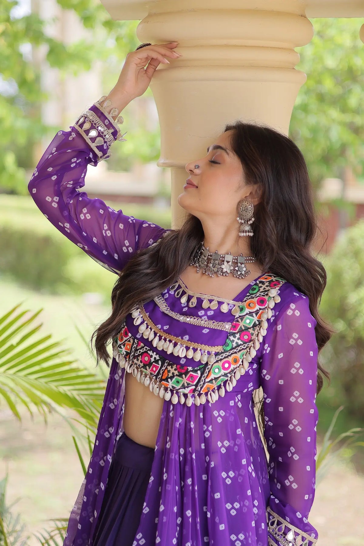 Purple Garba Chaniya Choli With Print & Gamthi Work
