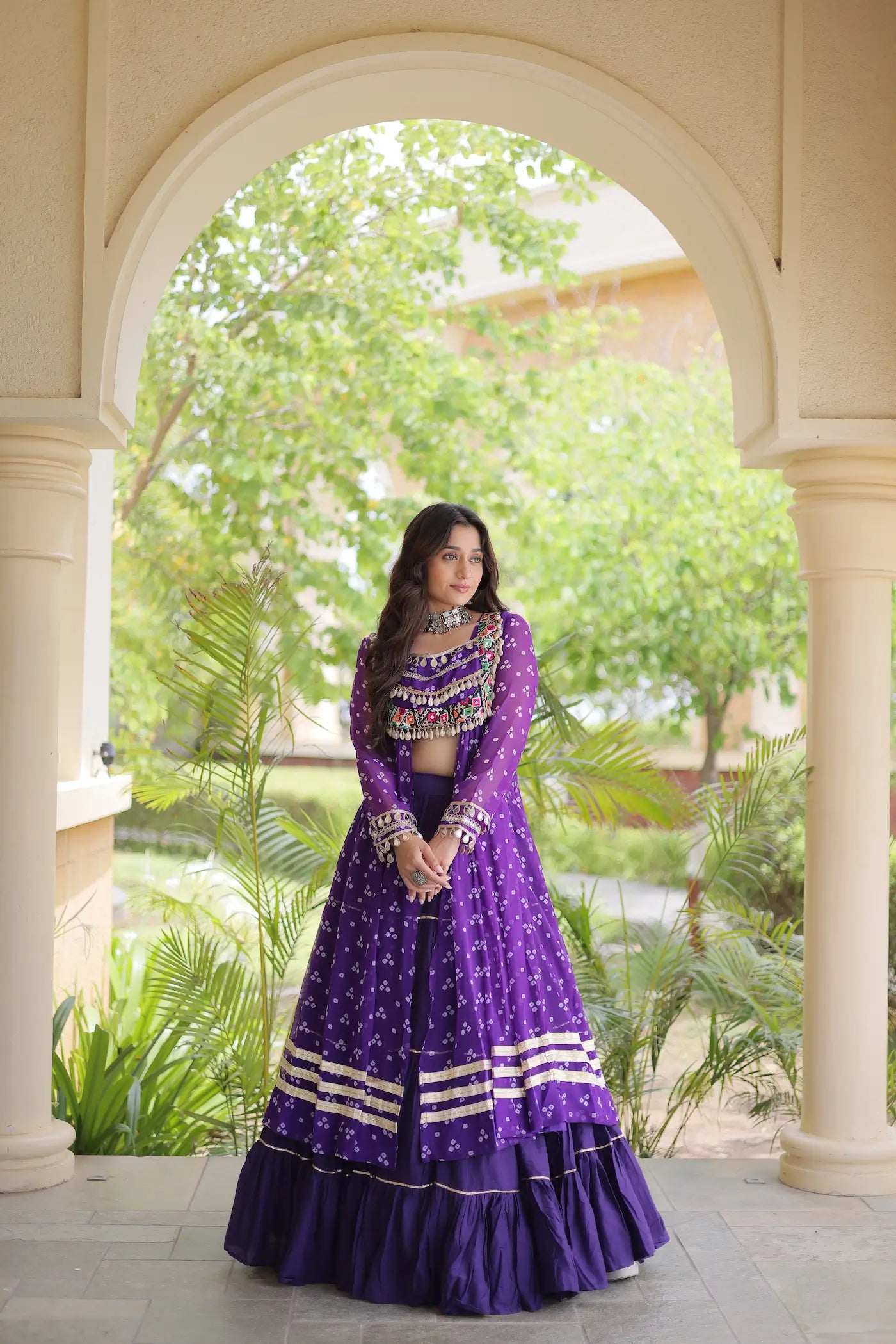Purple Garba Chaniya Choli With Print & Gamthi Work