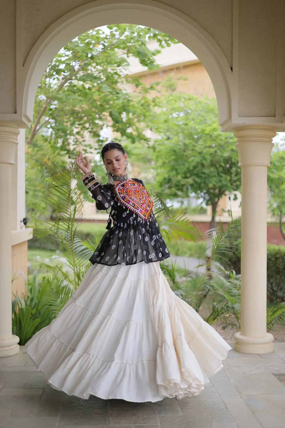 Black-White Garba Chaniya choli With Kutchi Patch Work