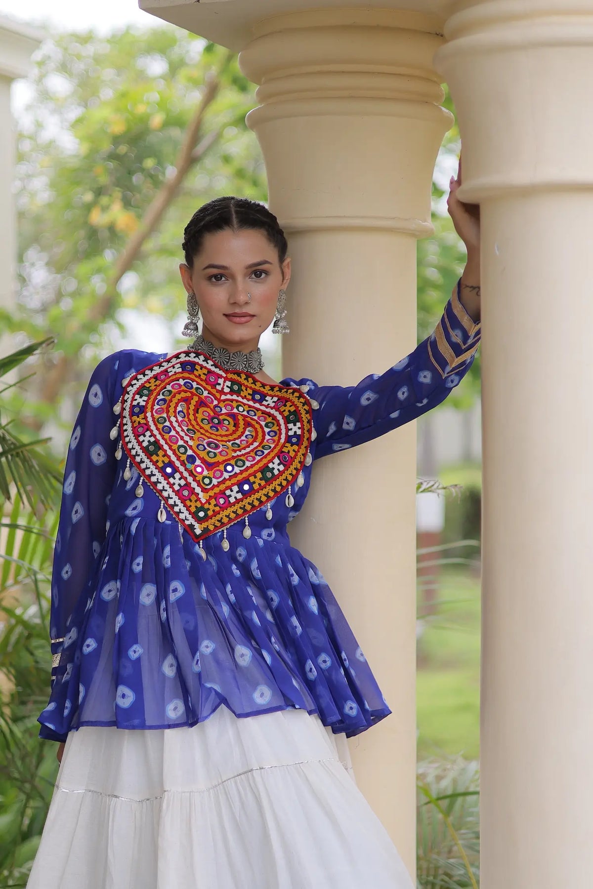 Blue-White Garba Chaniya choli With Kutchi Patch Work