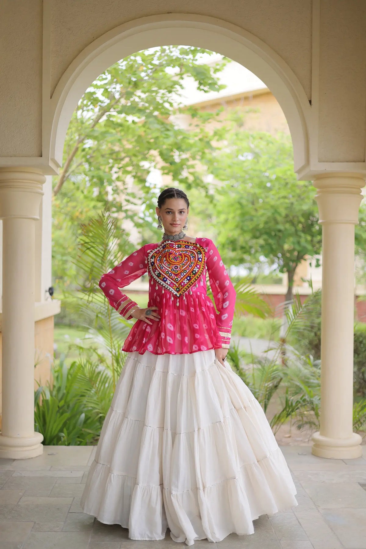 Pink-White Garba Chaniya choli With Kutchi Patch Work