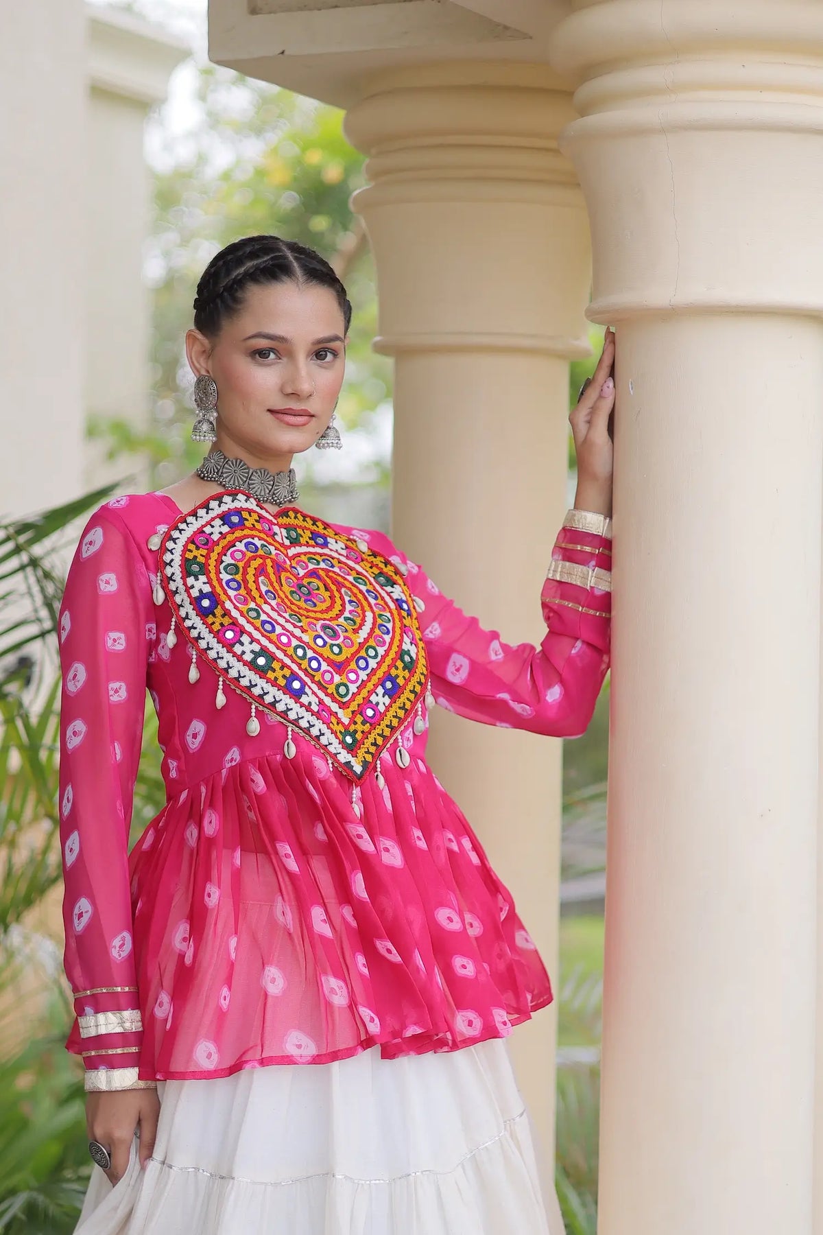 Pink-White Garba Chaniya choli With Kutchi Patch Work