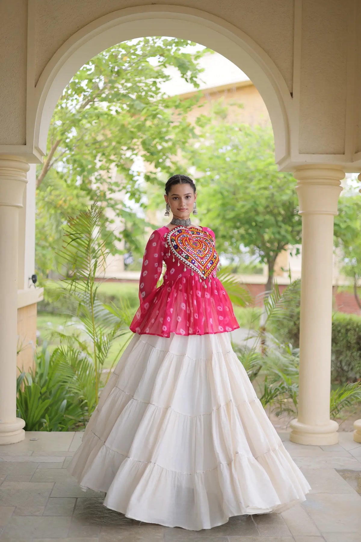 Pink-White Garba Chaniya choli With Kutchi Patch Work