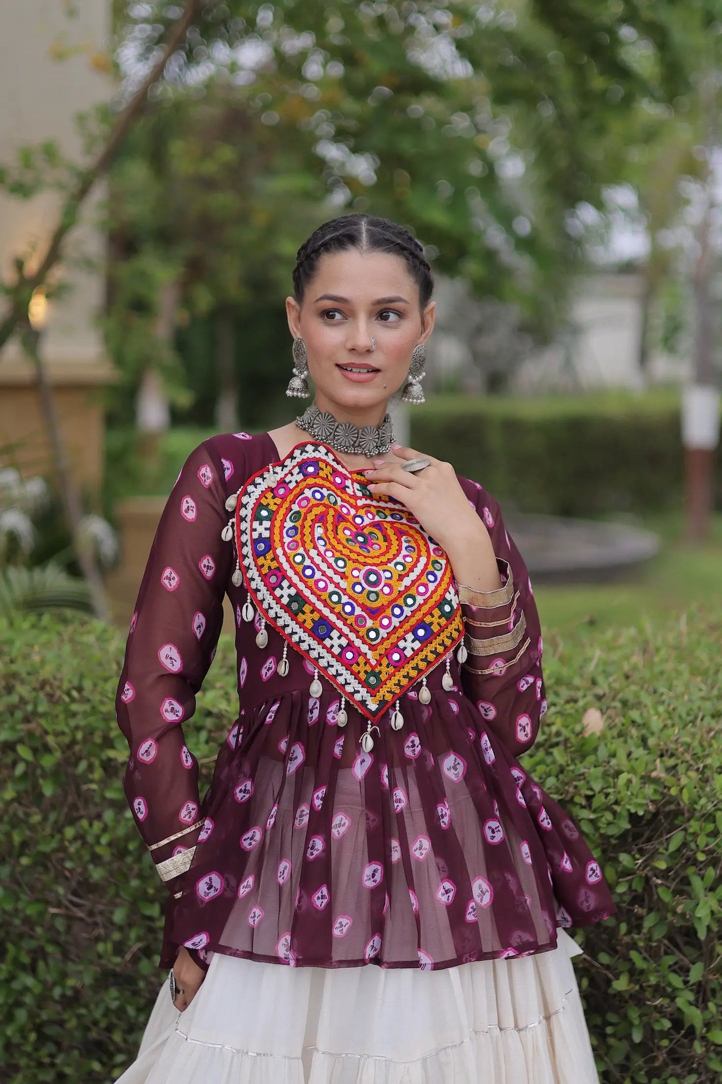Wine-White Garba Chaniya choli With Kutchi Patch Work