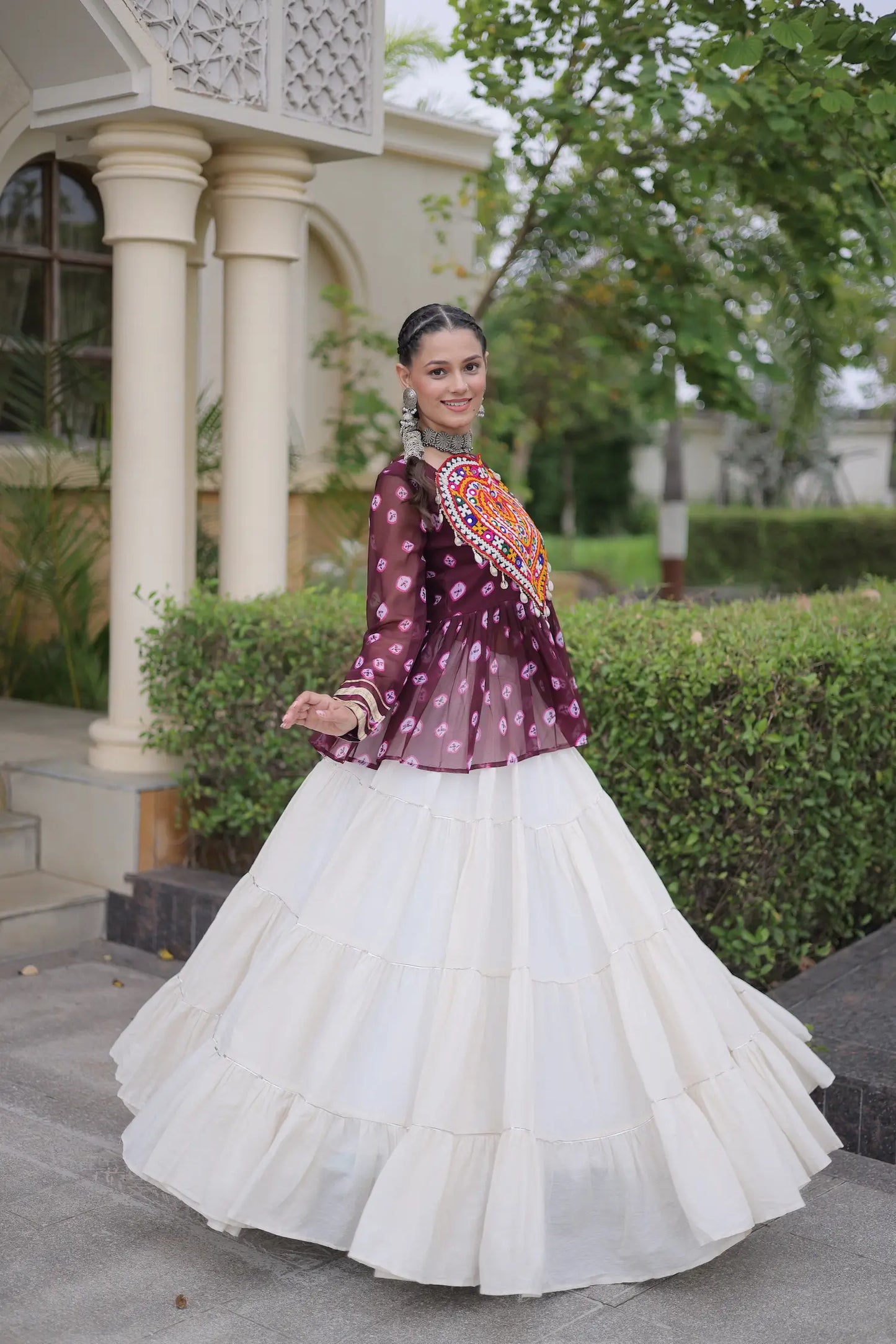Wine-White Garba Chaniya choli With Kutchi Patch Work