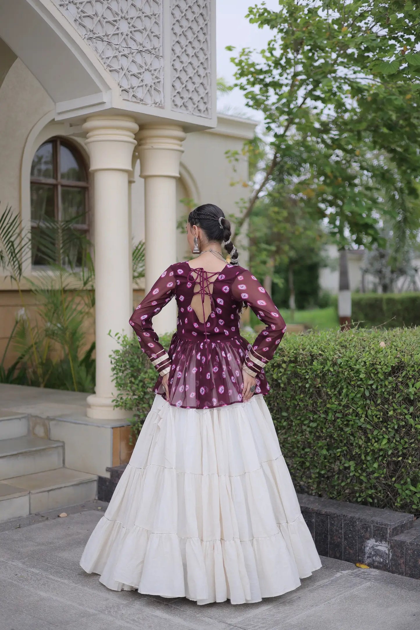 Wine-White Garba Chaniya choli With Kutchi Patch Work