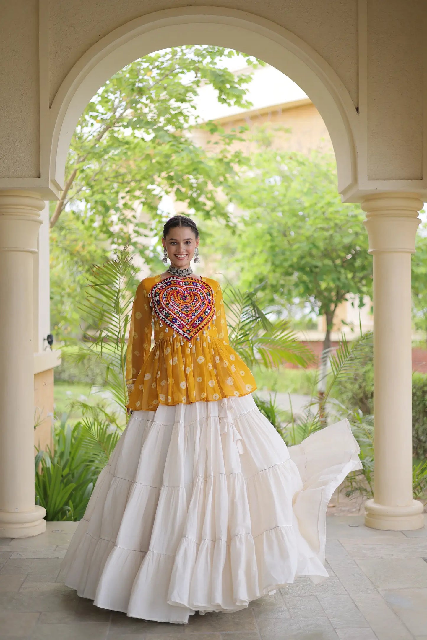 Yellow-White Garba Chaniya choli With Kutchi Patch Work