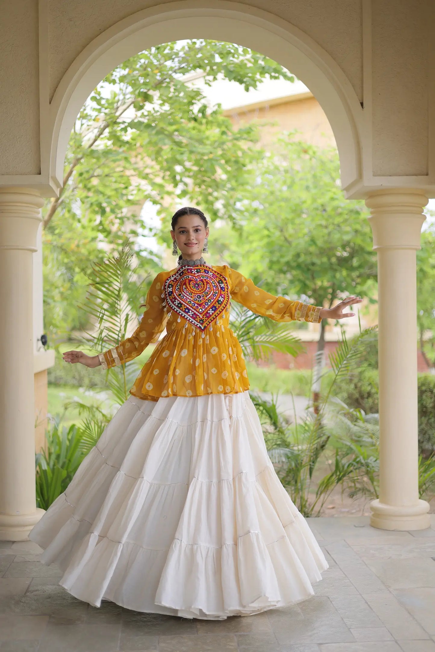 Yellow-White Garba Chaniya choli With Kutchi Patch Work