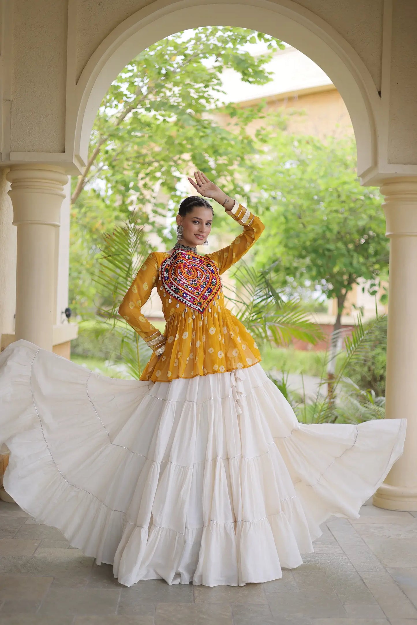 Yellow-White Garba Chaniya choli With Kutchi Patch Work