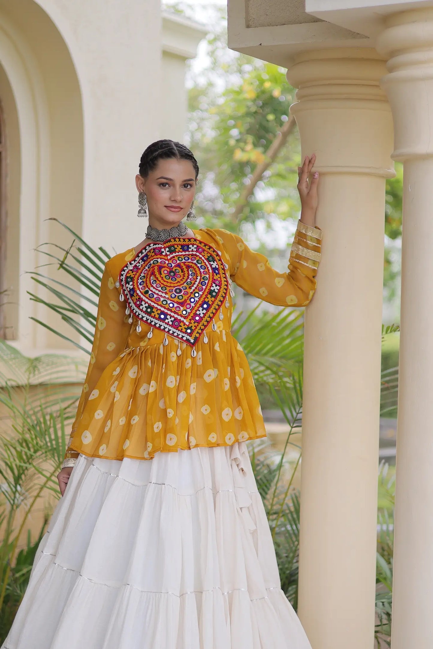 Yellow-White Garba Chaniya choli With Kutchi Patch Work