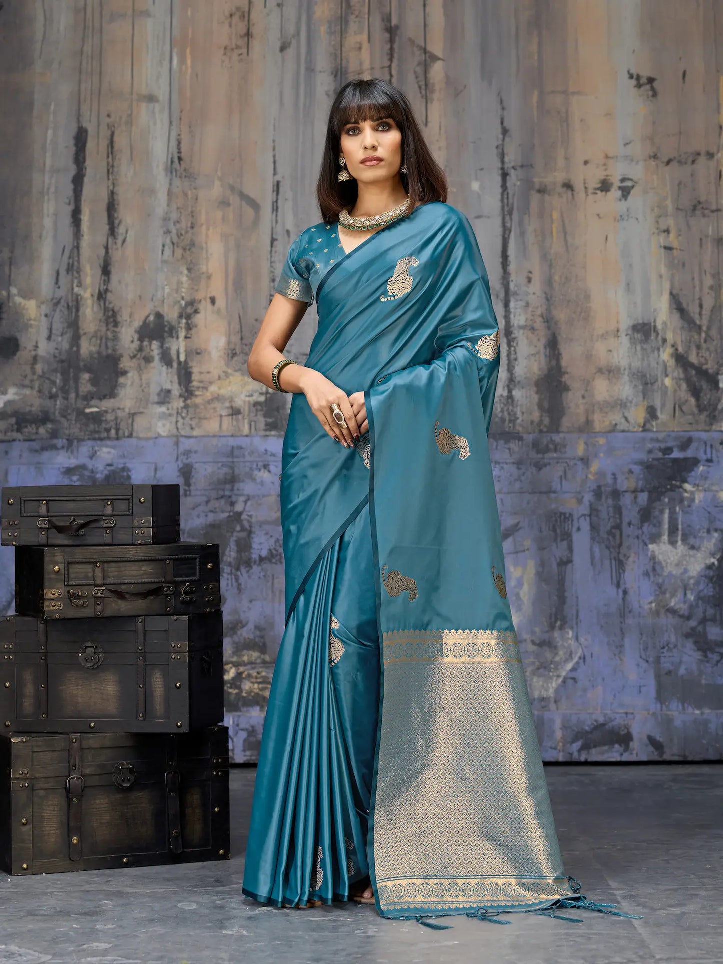 Dusty Blue Zari Weaving Saree