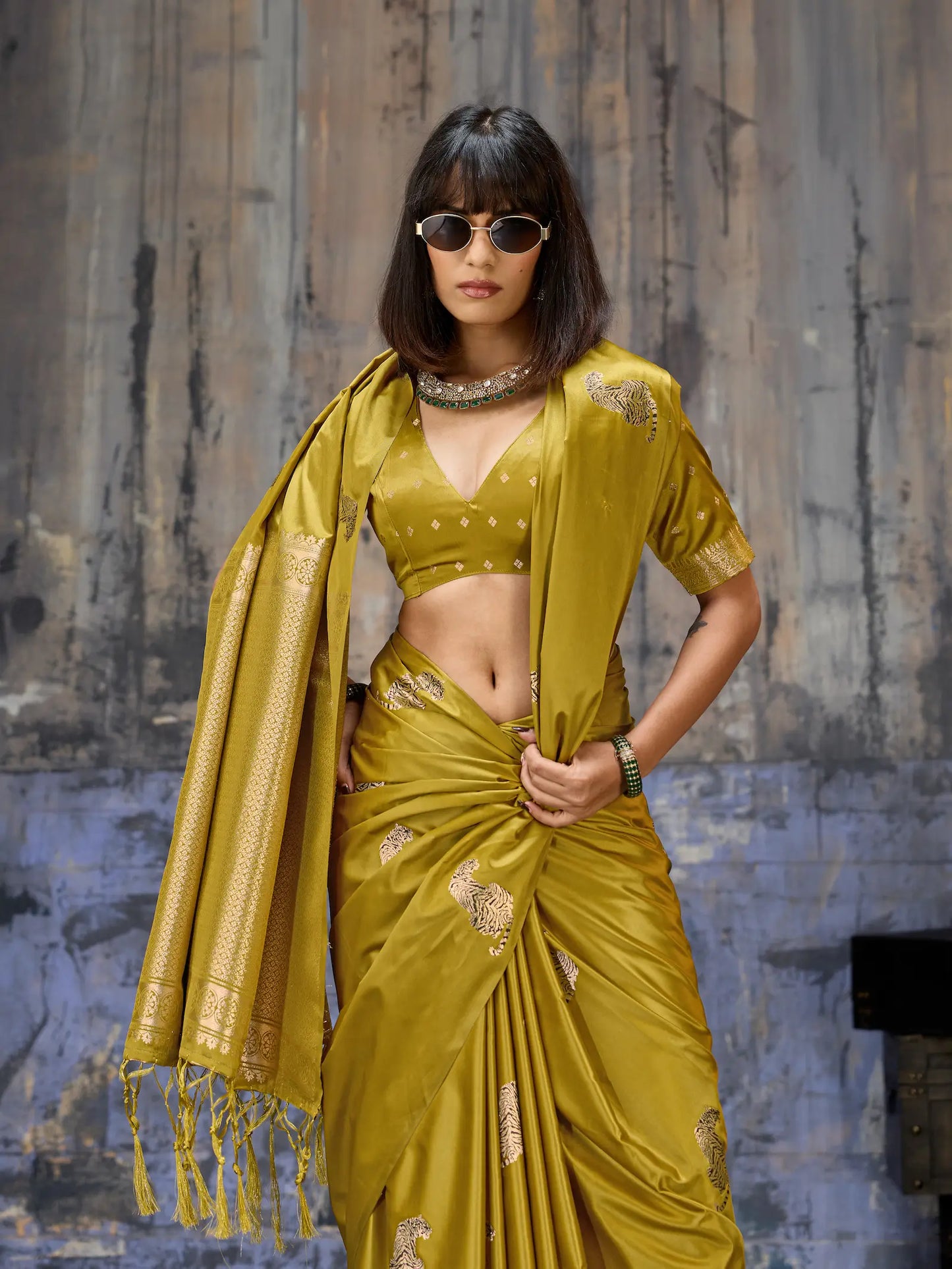 Mustard Gold Zari Weaving Saree