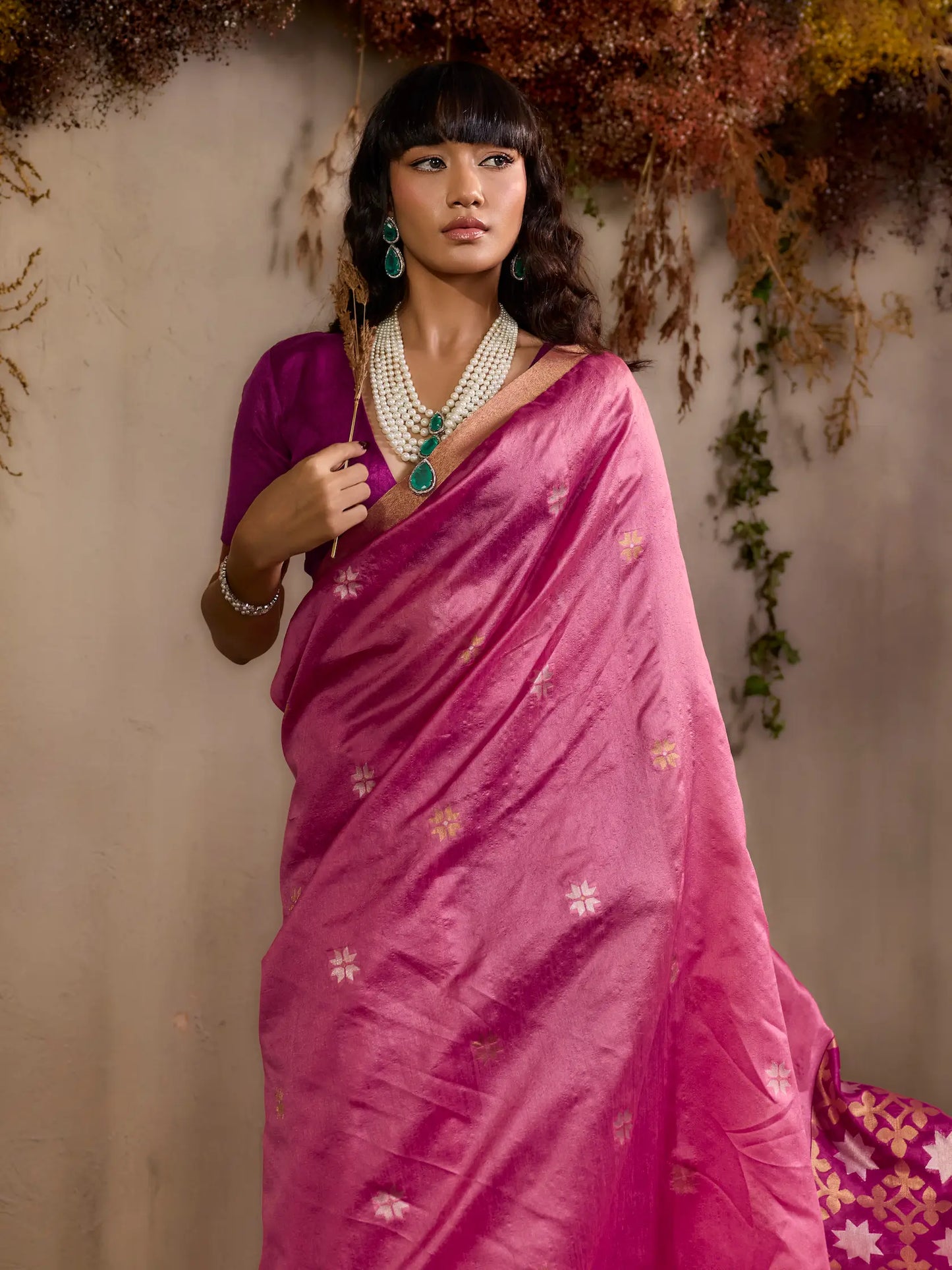 Rosy Pink Tussar Silk Zari Weaving Saree