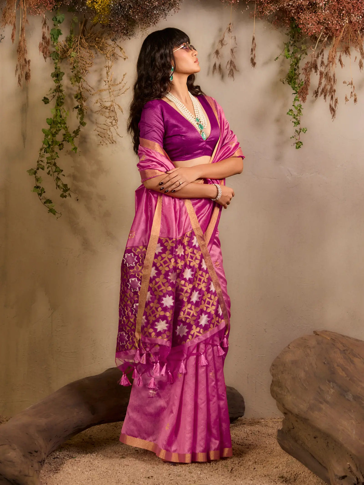 Rosy Pink Tussar Silk Zari Weaving Saree