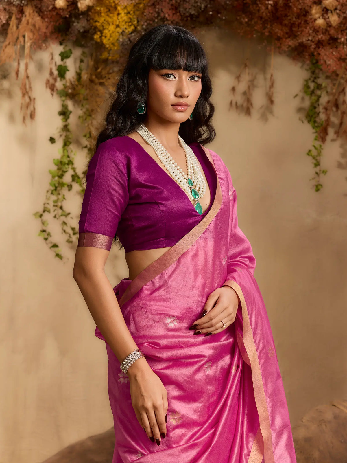 Rosy Pink Tussar Silk Zari Weaving Saree