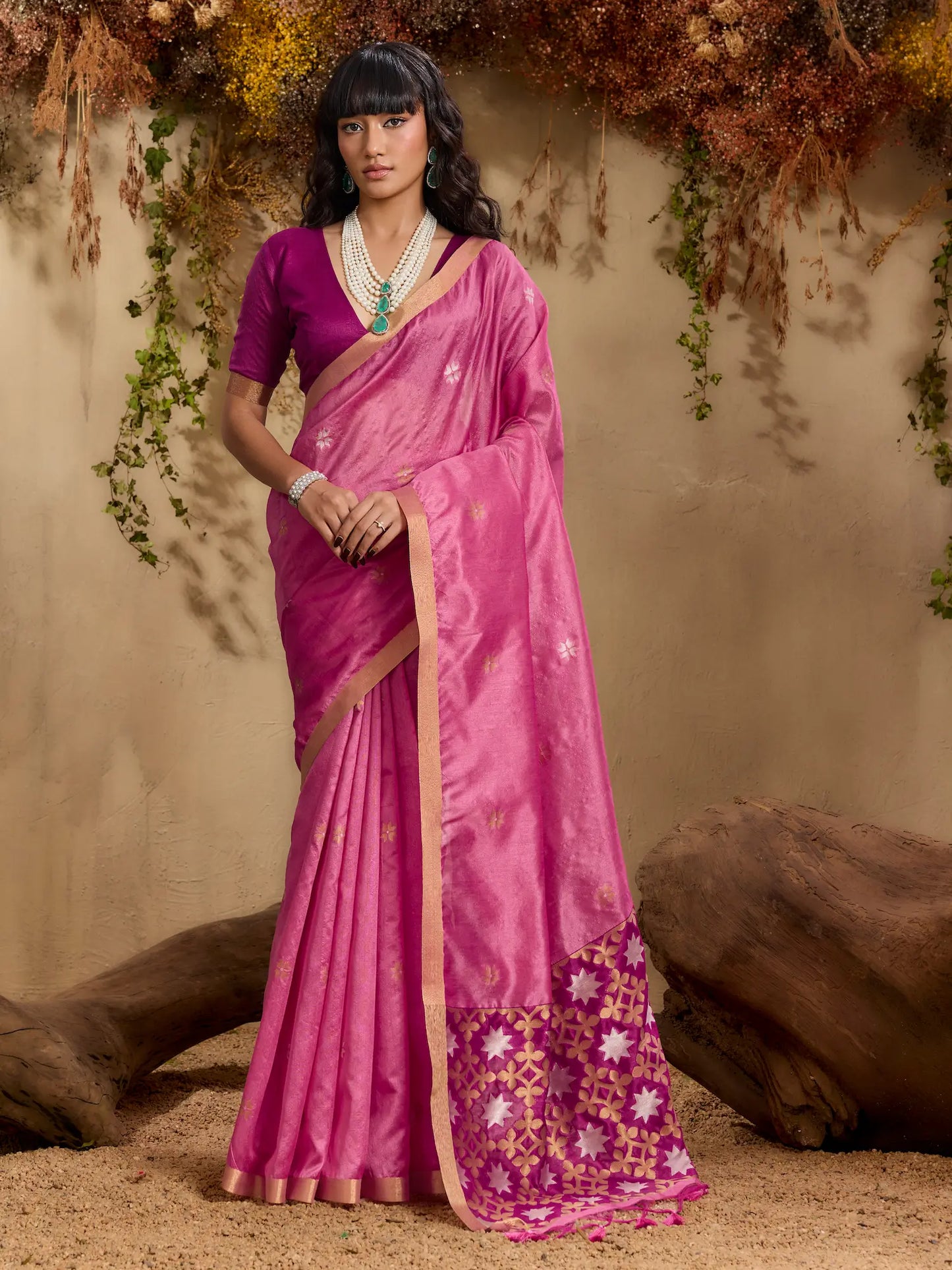 Rosy Pink Tussar Silk Zari Weaving Saree
