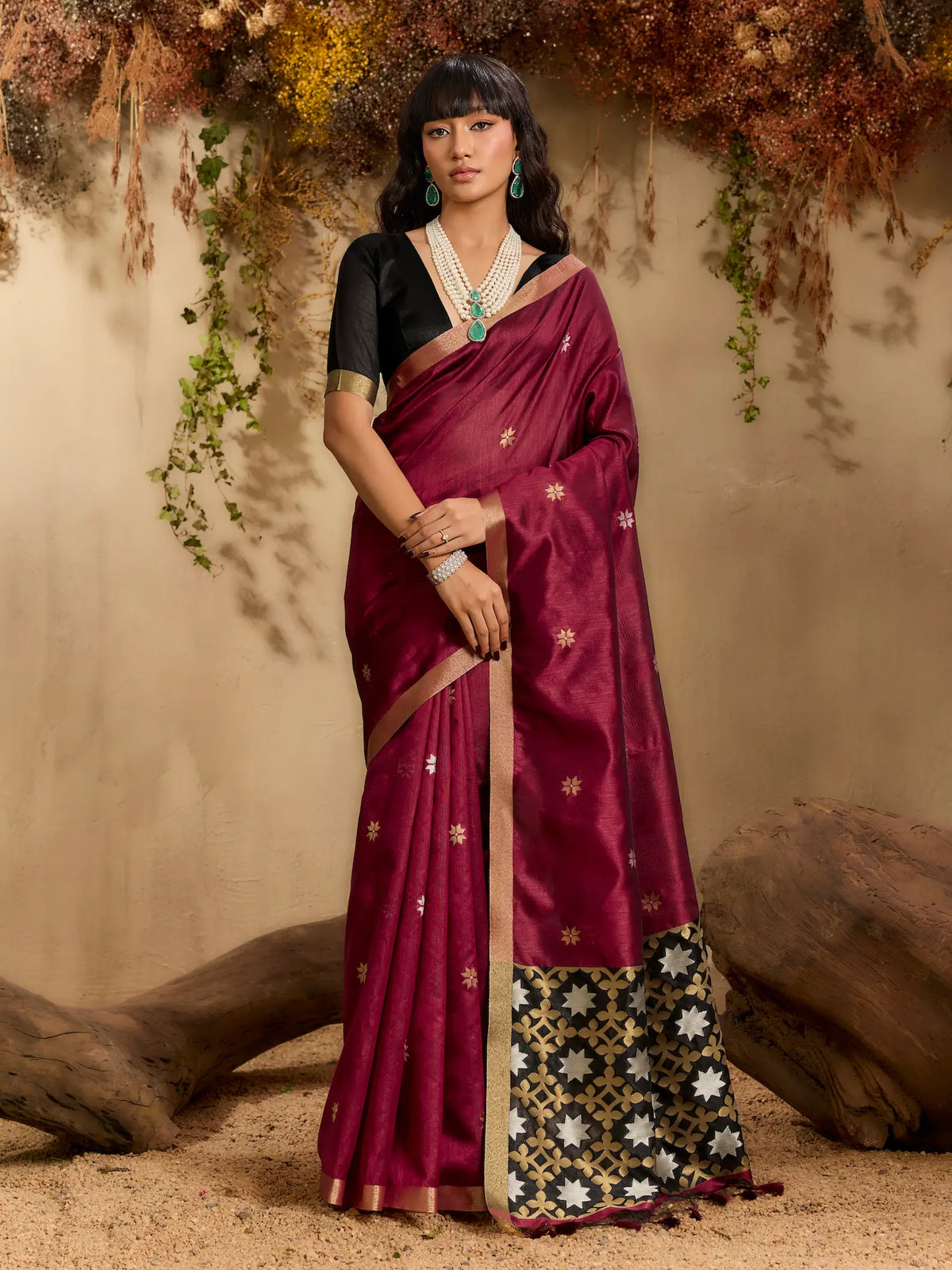 Rich Maroon Tussar Silk Zari Weaving Saree