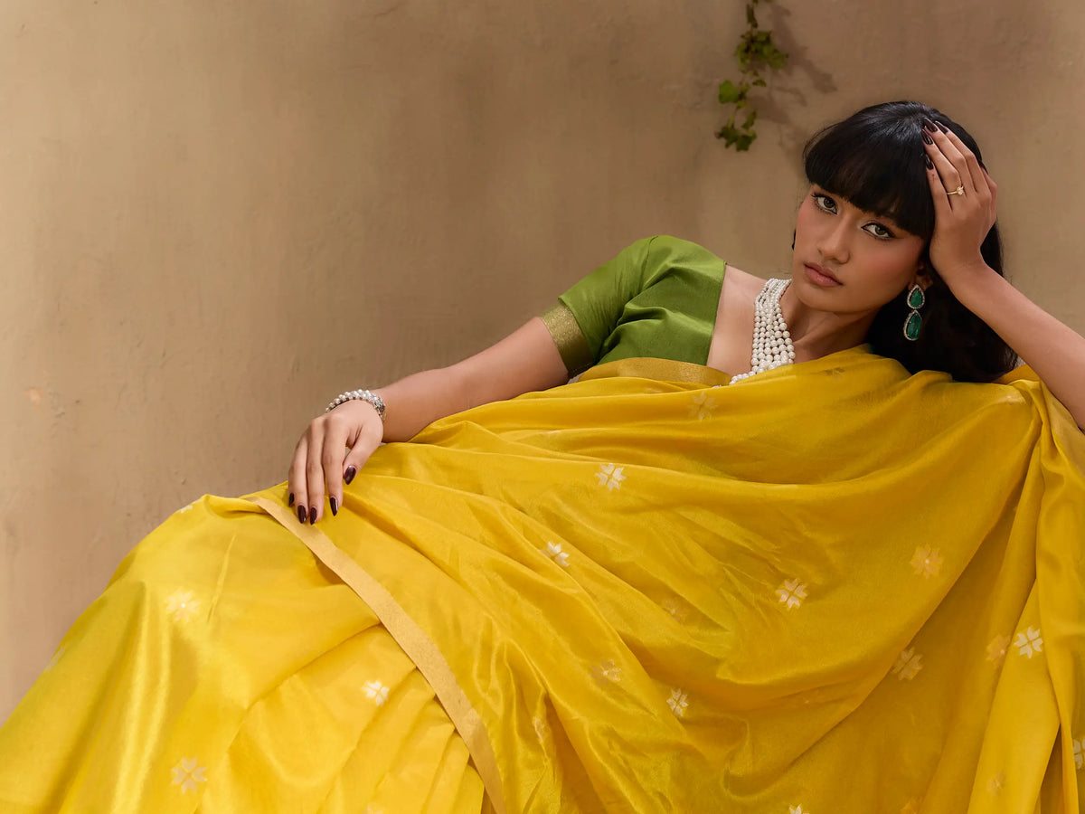 Bee Yellow Tussar Silk Zari Weaving Saree