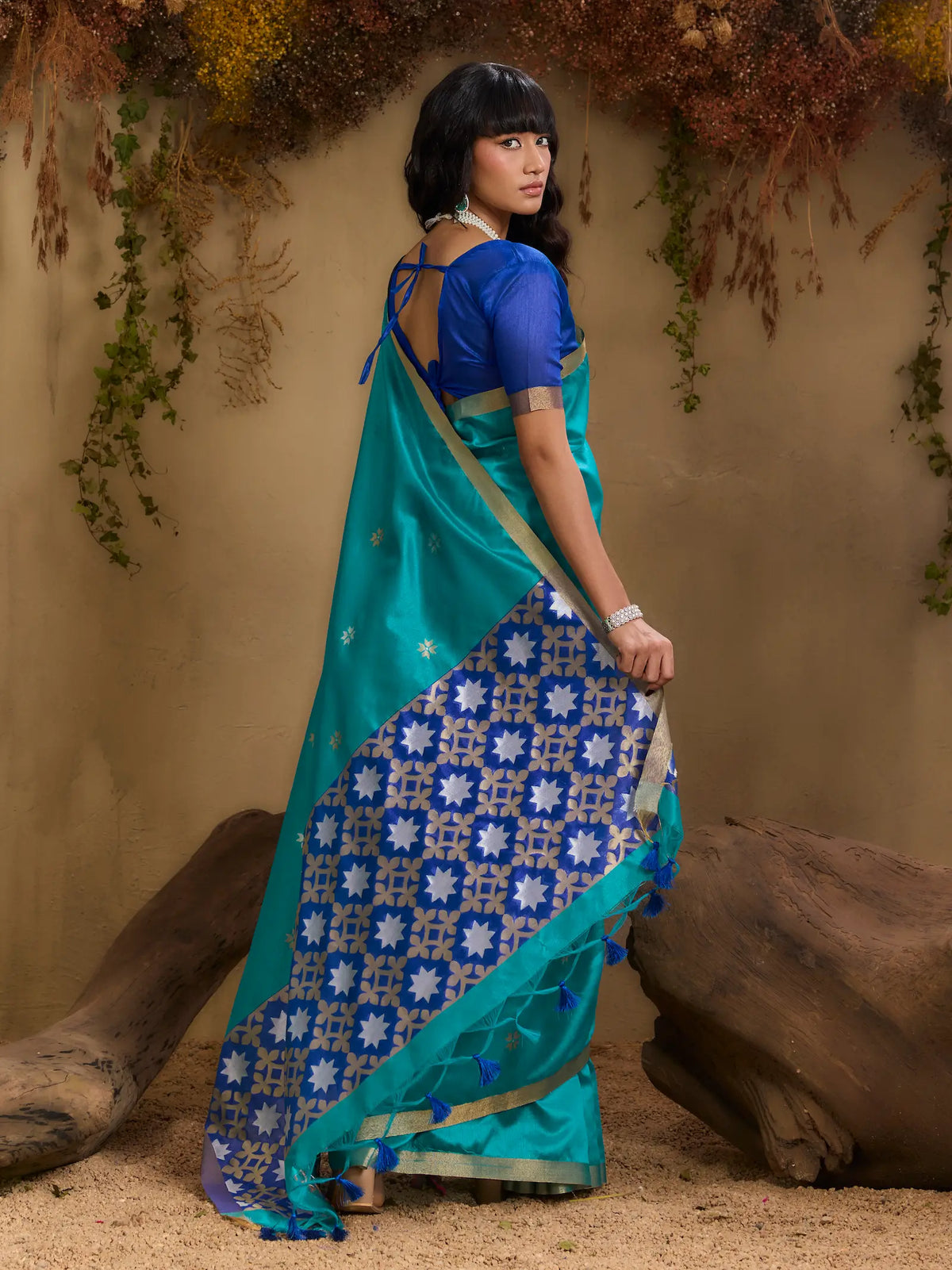 Teal Blue Tussar Silk Zari Weaving Saree
