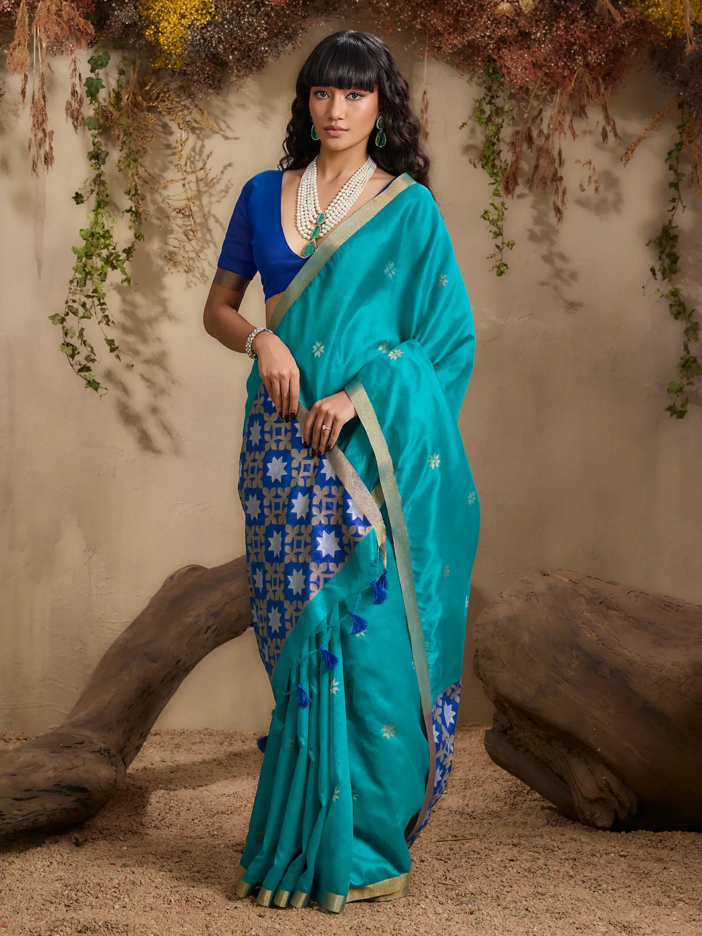 Teal Blue Tussar Silk Zari Weaving Saree