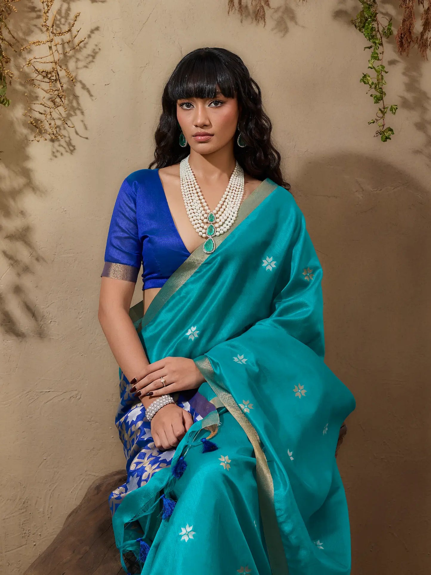 Teal Blue Tussar Silk Zari Weaving Saree