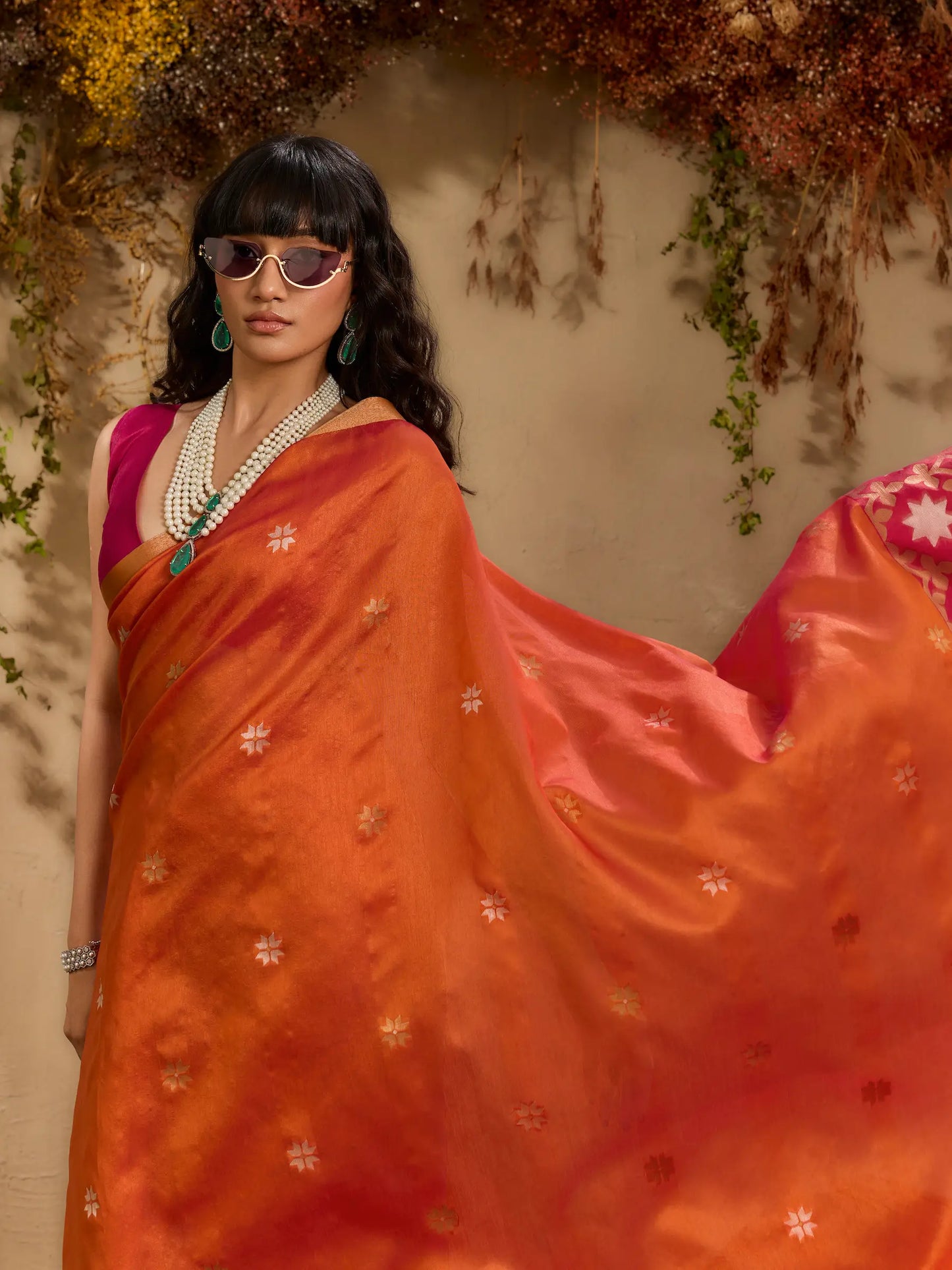 Bright Orange Tussar Silk Zari Weaving Saree