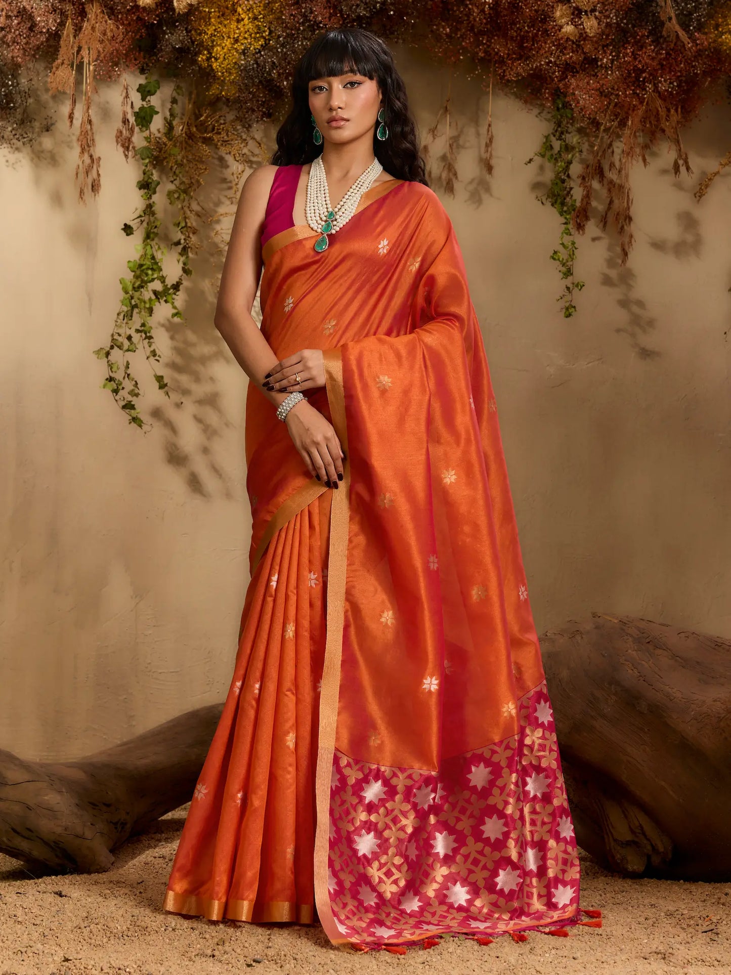 Bright Orange Tussar Silk Zari Weaving Saree