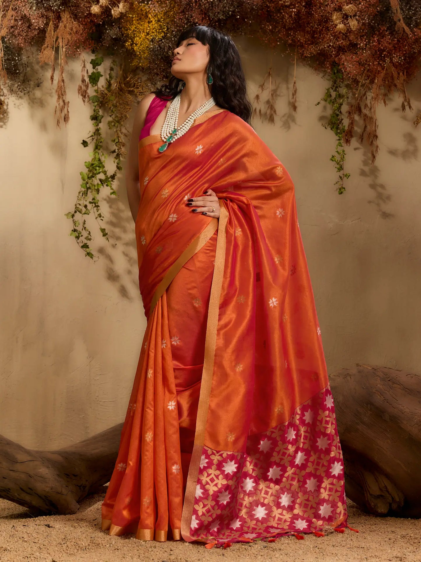 Bright Orange Tussar Silk Zari Weaving Saree