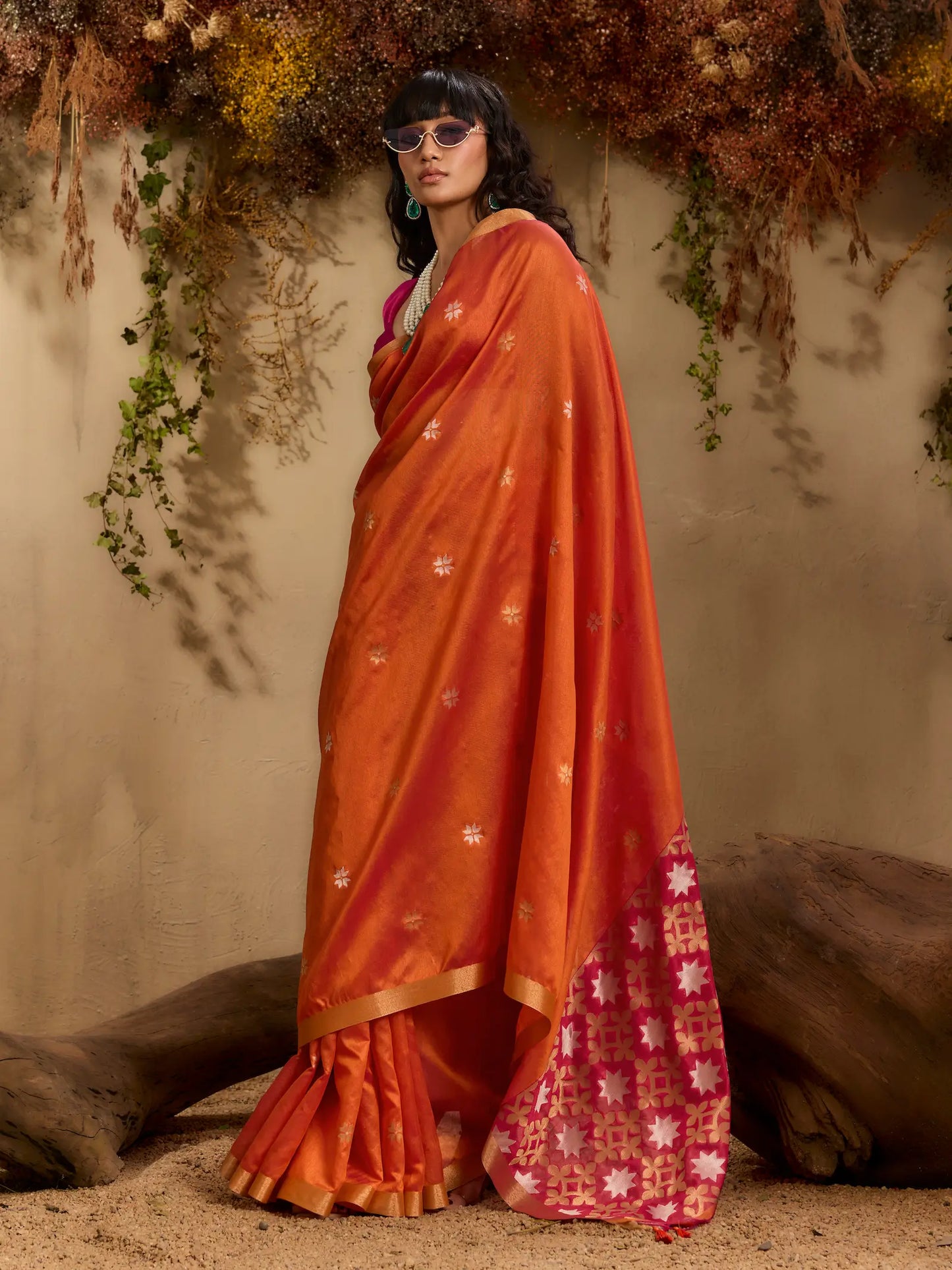 Bright Orange Tussar Silk Zari Weaving Saree