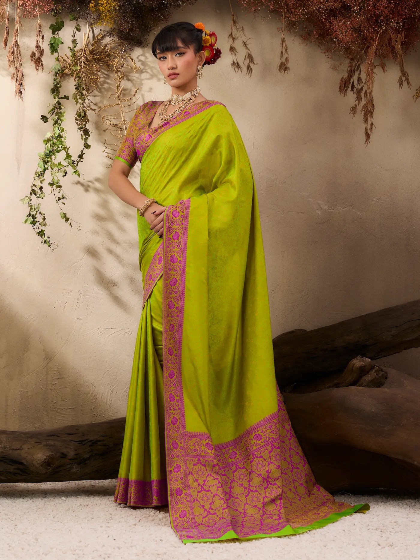 Lime Green Kanjivaram Silk Saree