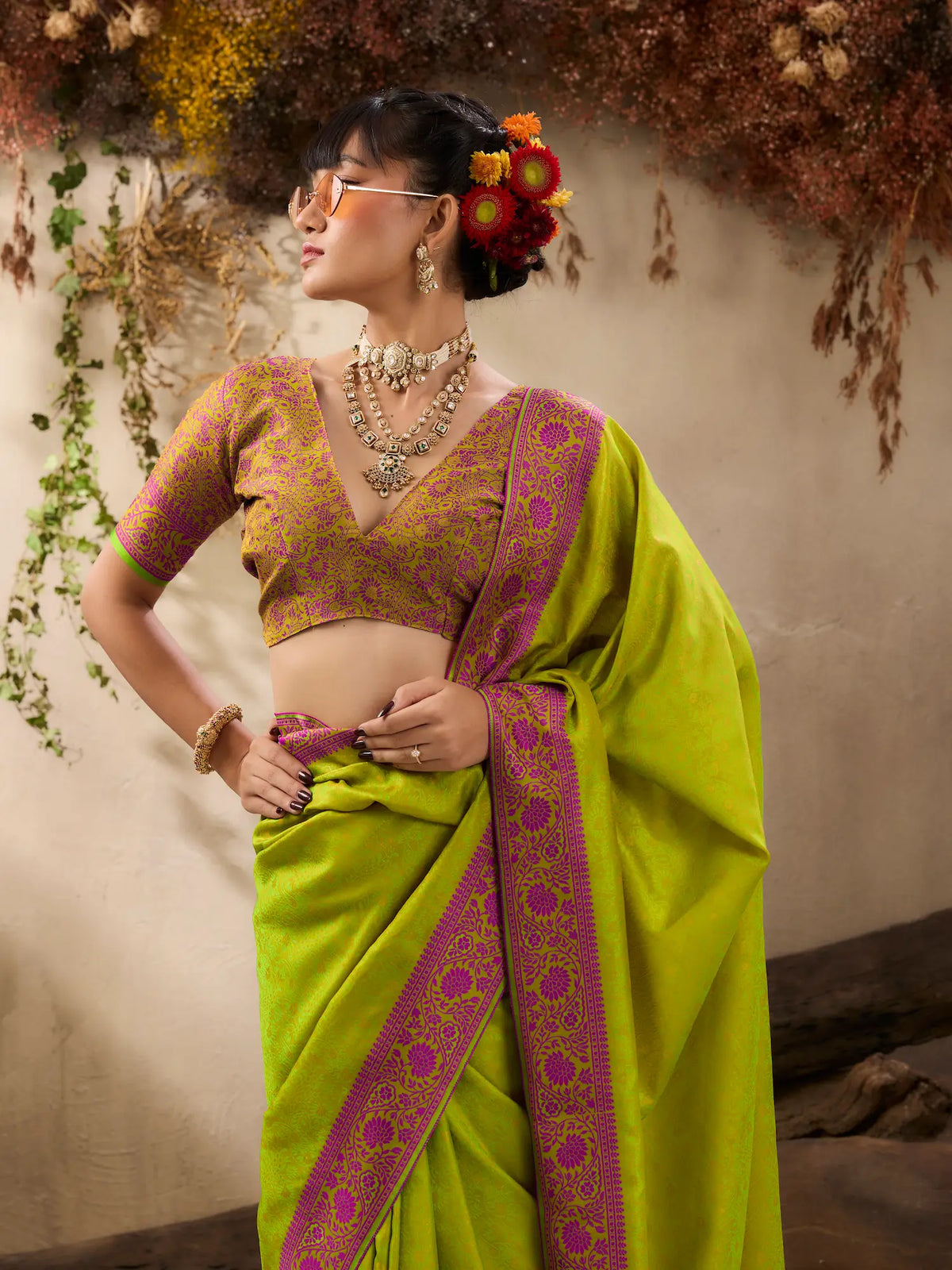 Lime Green Kanjivaram Silk Saree