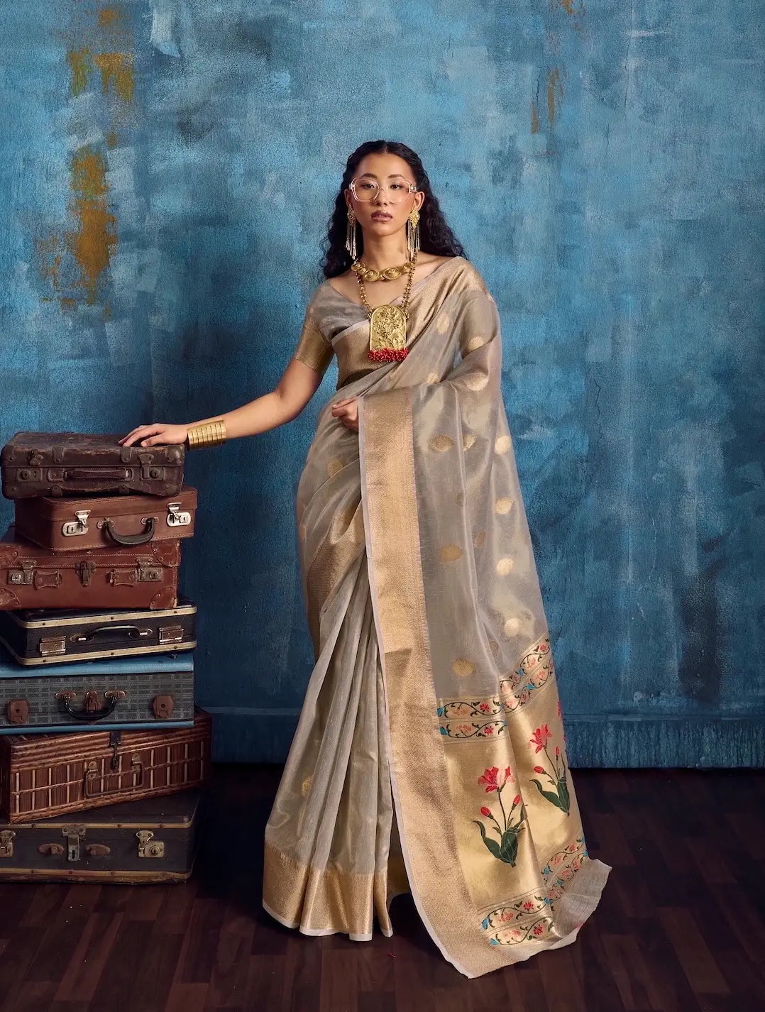 Dove Grey Tissue Paithani Saree