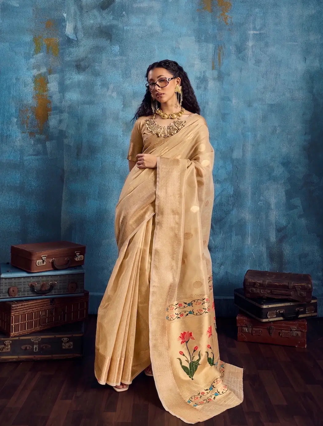 Gold Beige Tissue Paithani Saree