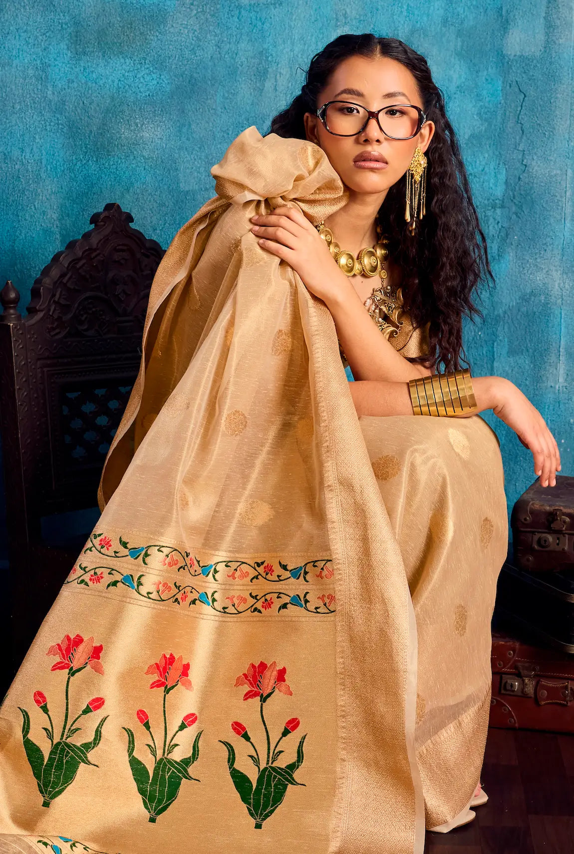 Gold Beige Tissue Paithani Saree