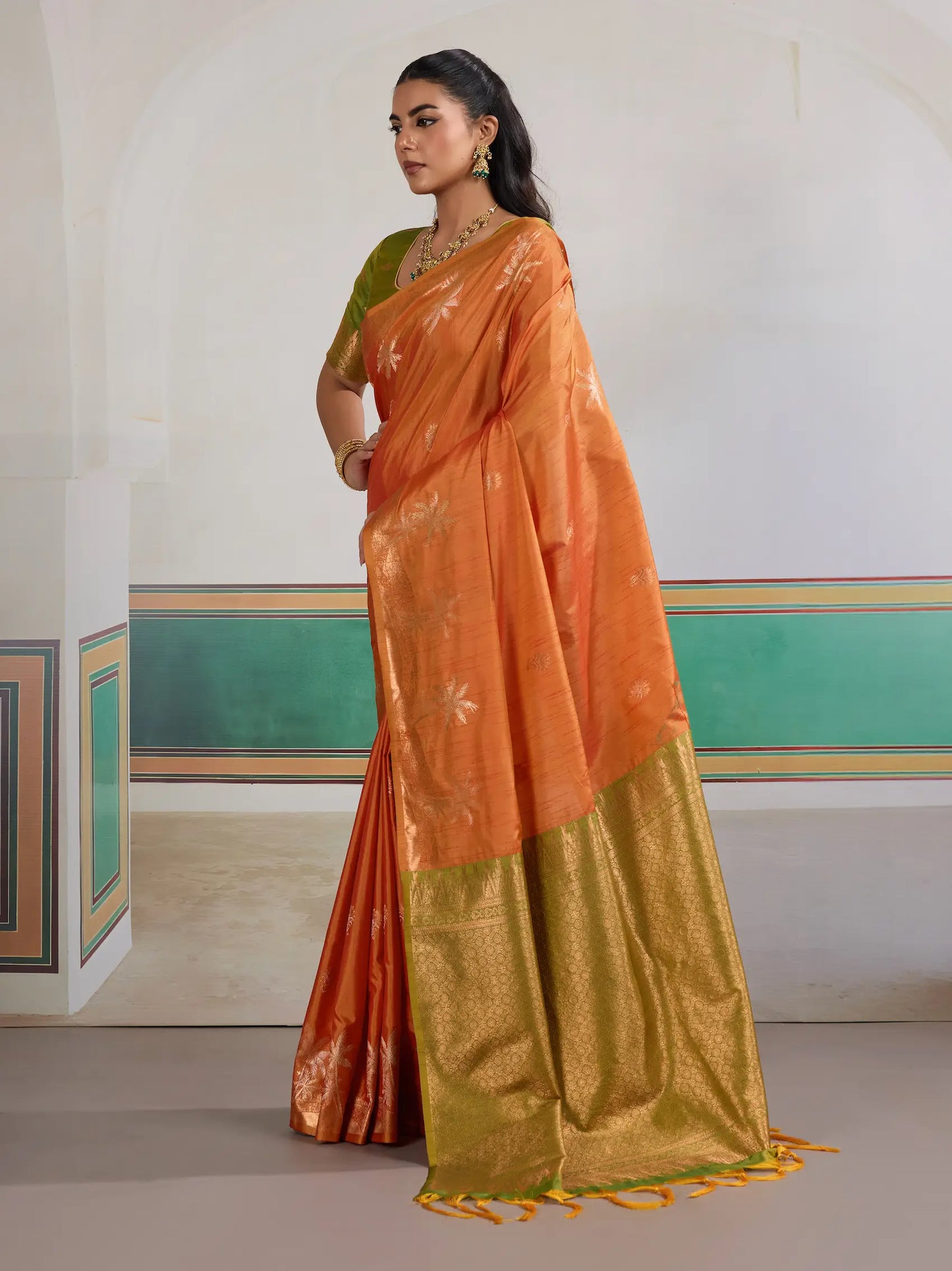 Bright Orange Tussar Silk Weaving Work Saree
