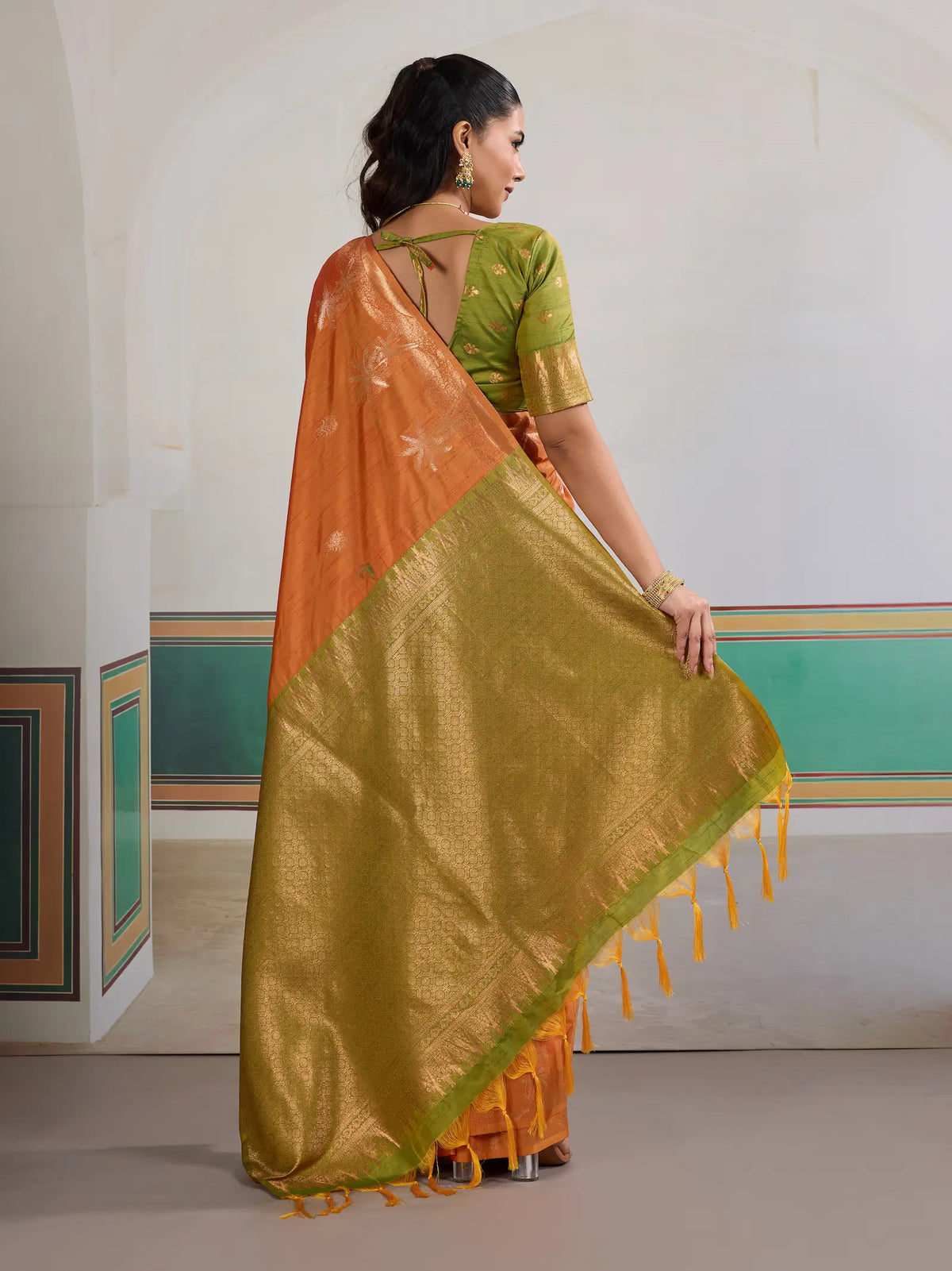 Bright Orange Tussar Silk Weaving Work Saree
