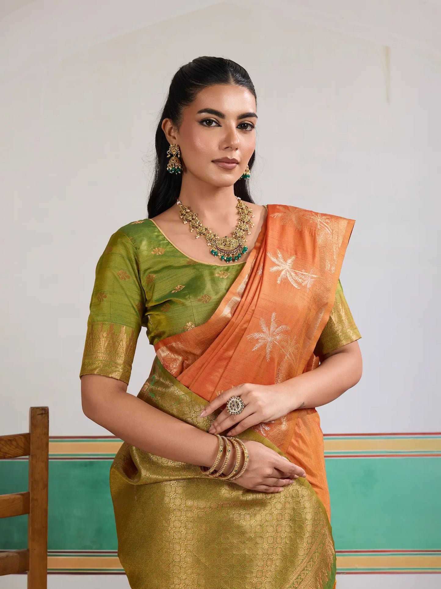 Bright Orange Tussar Silk Weaving Work Saree