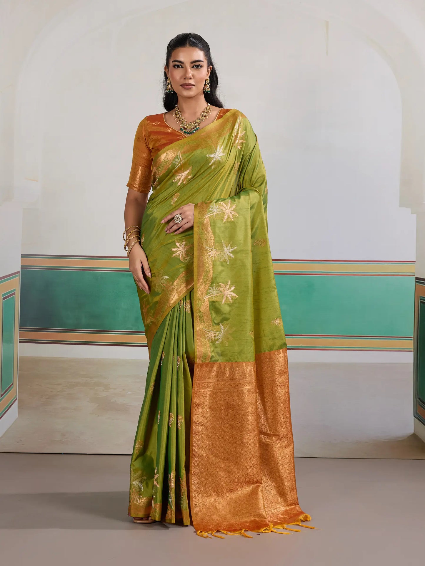 Olive Green Tussar Silk Weaving Work Saree
