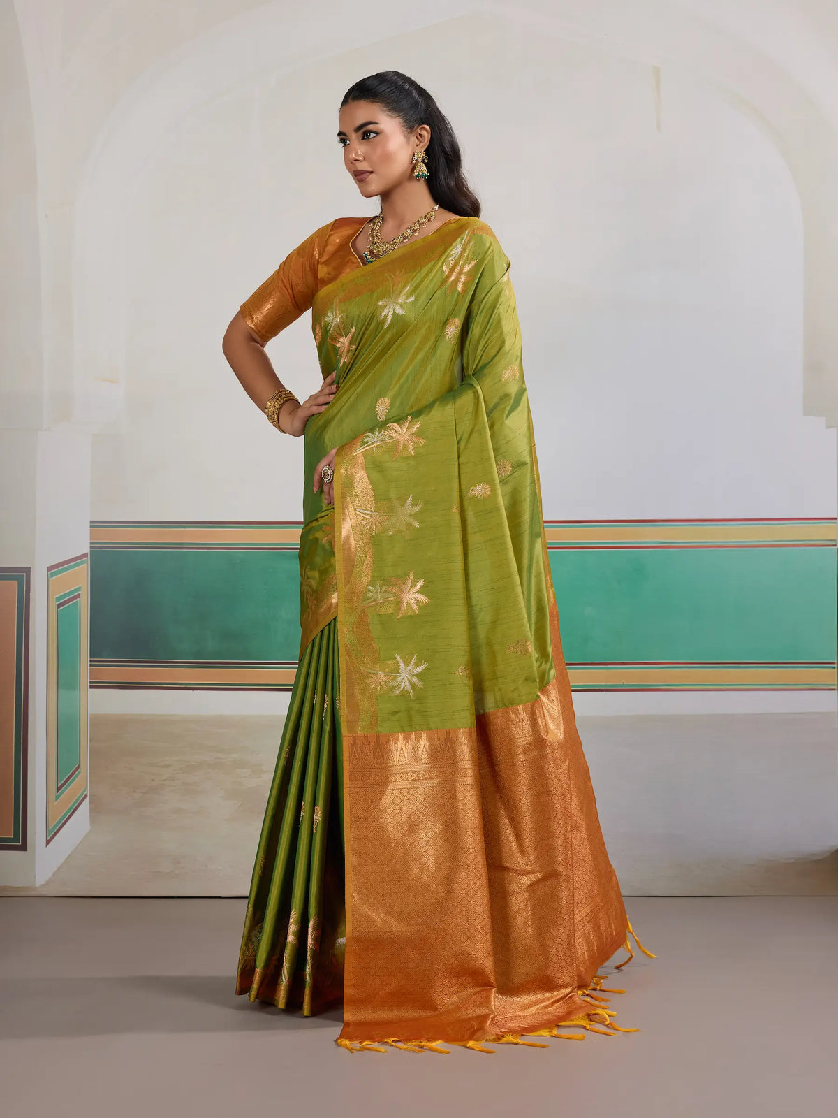 Olive Green Tussar Silk Weaving Work Saree