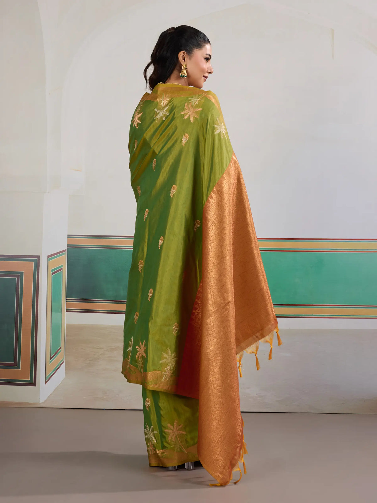 Olive Green Tussar Silk Weaving Work Saree