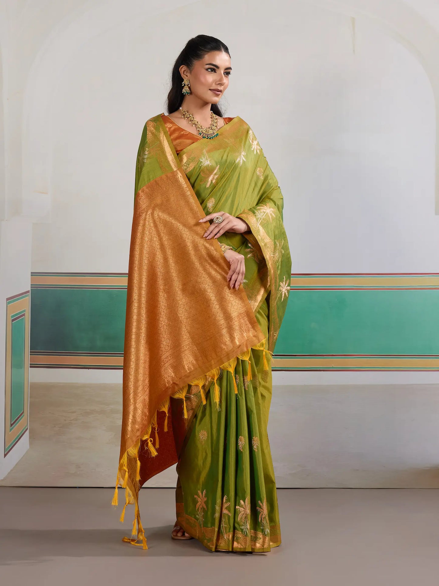 Olive Green Tussar Silk Weaving Work Saree